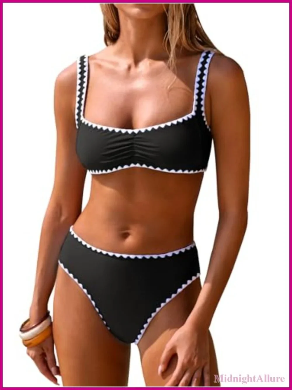 Women's Two Piece Bikini Set Ribbed Front Ruched Mid Waisted Adjustable Straps